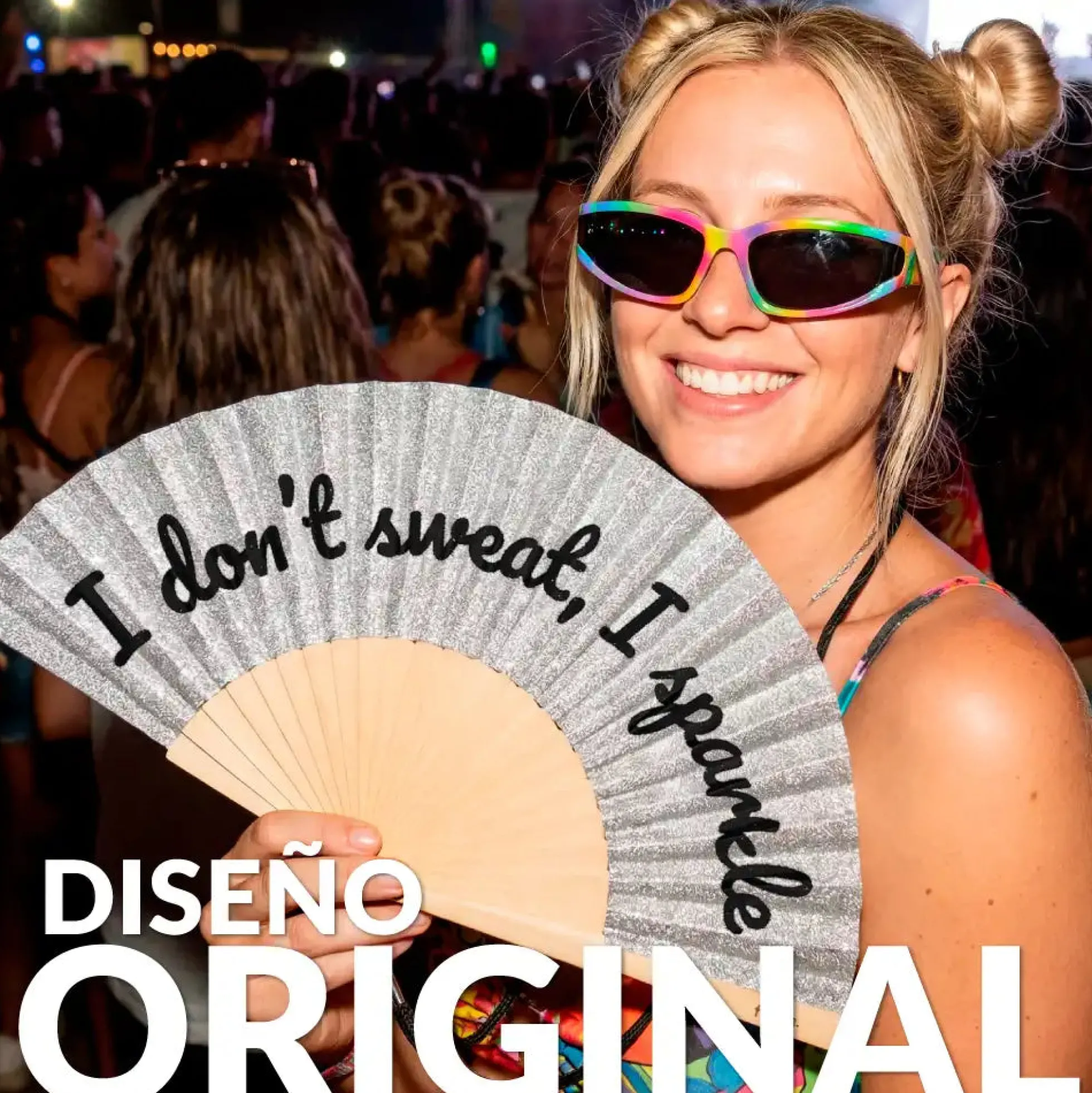 Abanico “I don’t sweat, I sparkle” purpurina