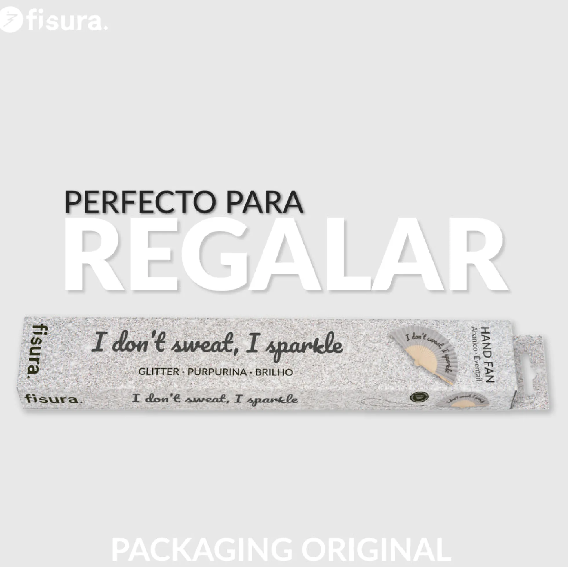 Abanico “I don’t sweat, I sparkle” purpurina