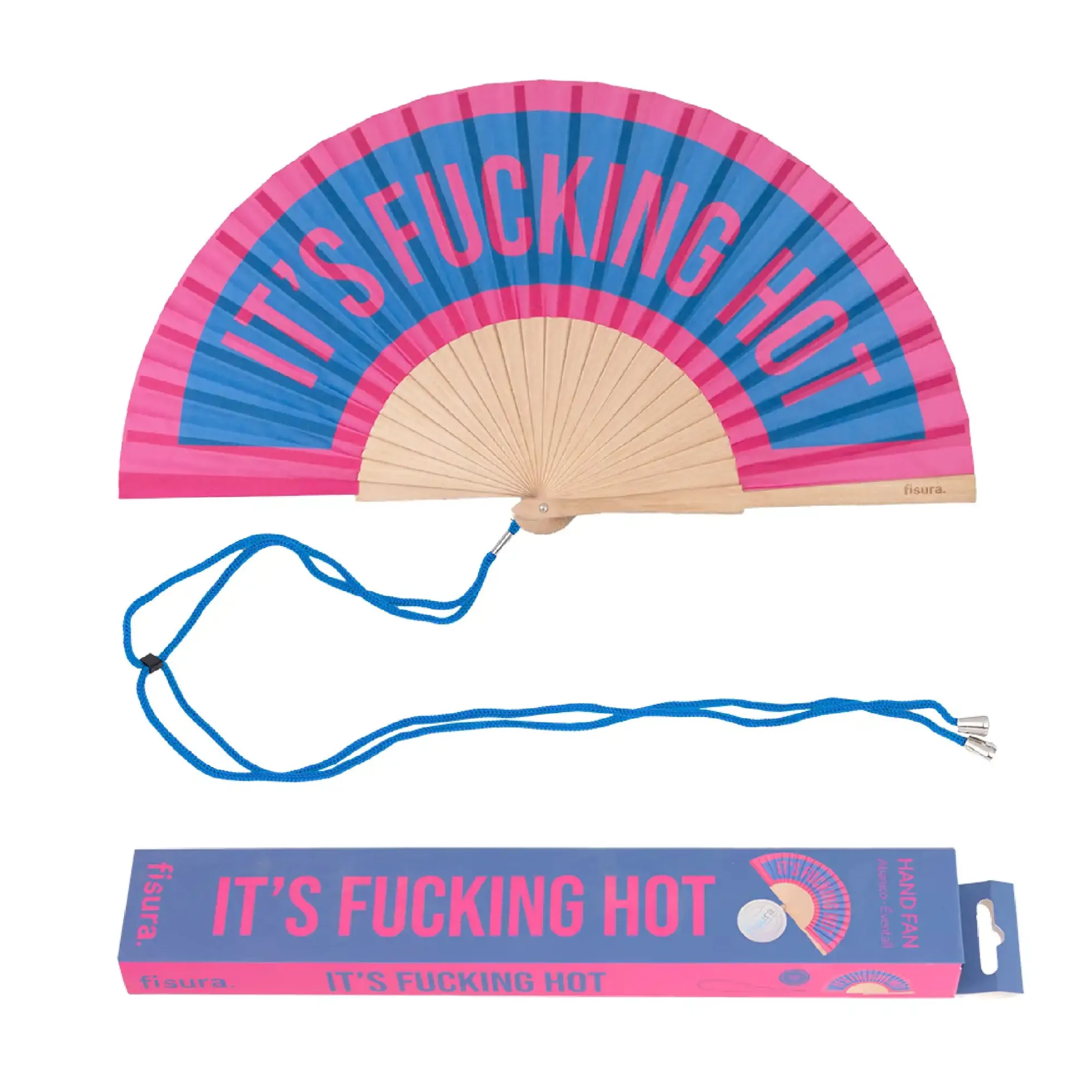 Abanico “It’s fucking hot” azul y rosa