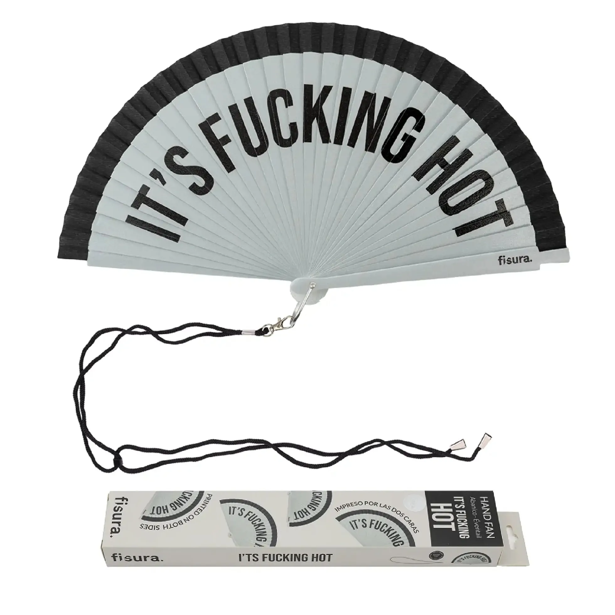 Abanico pintado "It’s fucking hot" gris y negro