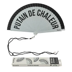 Abanico pintado "Putain de chaleur" gris y negro