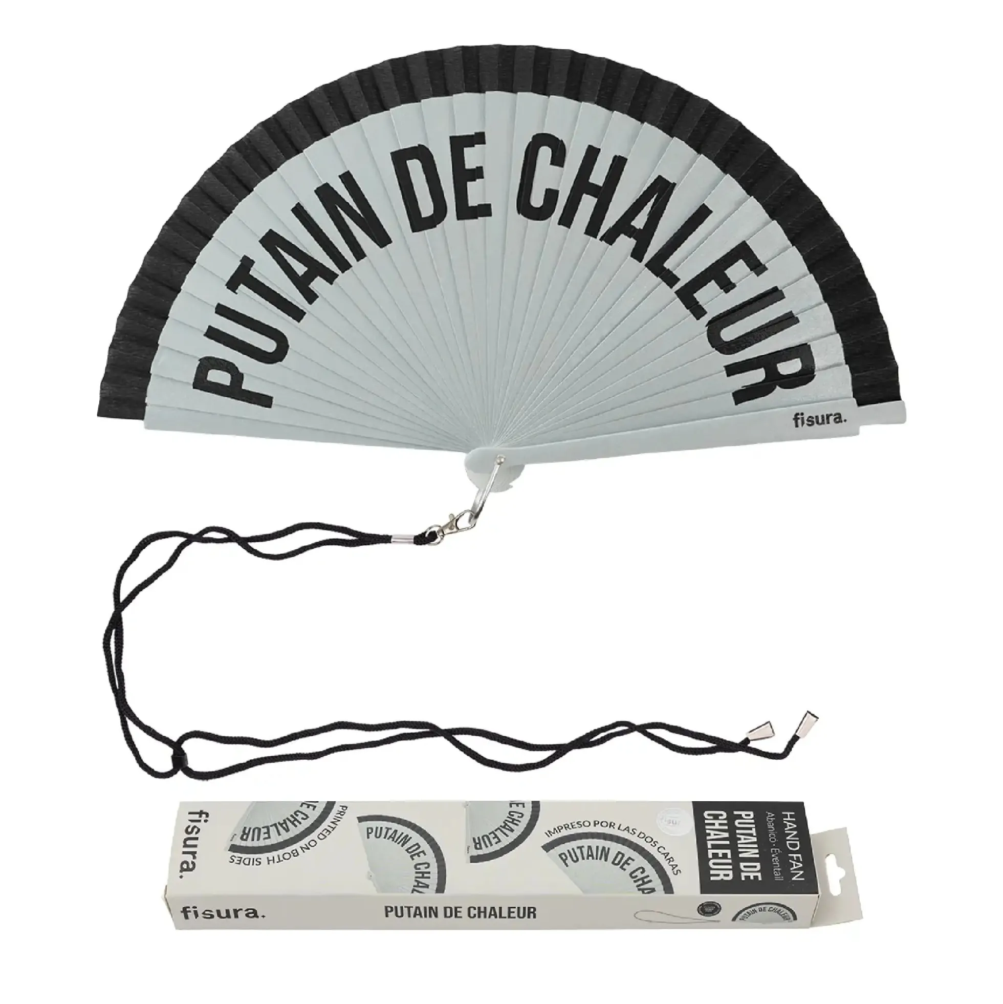 Abanico pintado "Putain de chaleur" gris y negro