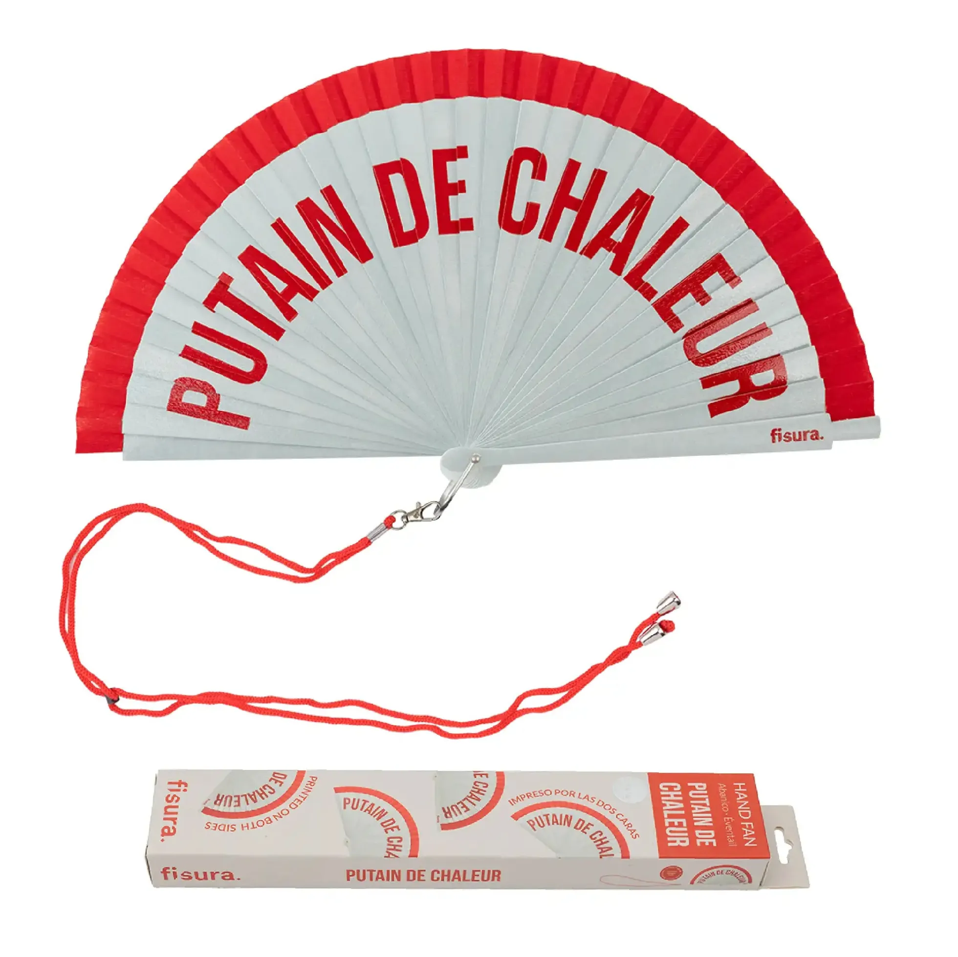 Abanico pintado "Putain de chaleur" rojo