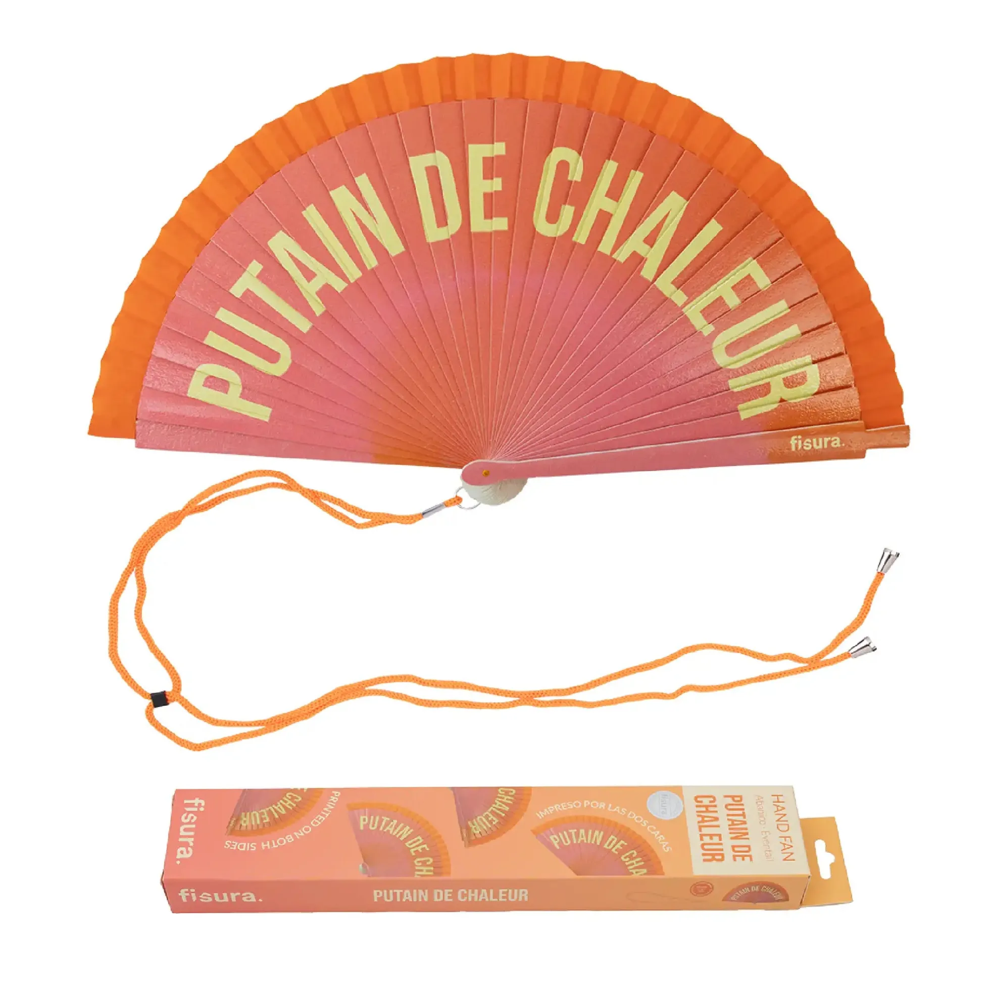 Abanico pintado "Putain de chaleur" degradado naranja