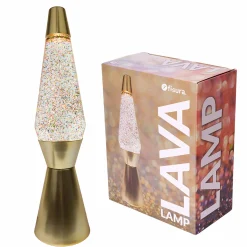 Lámpara de Lava 'Bullet' con base oro mate, líquido transparente y lava purpurina oro