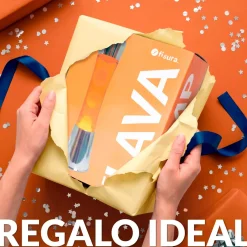 Lámpara de Lava con base cromo, líquido transparente y lava naranja