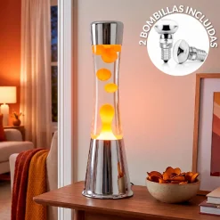 Lámpara de Lava con base cromo, líquido transparente y lava naranja