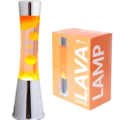 Lámpara de Lava con base cromo, líquido transparente y lava naranja