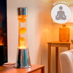 Lámpara de Lava con base cromo, líquido transparente y lava naranja