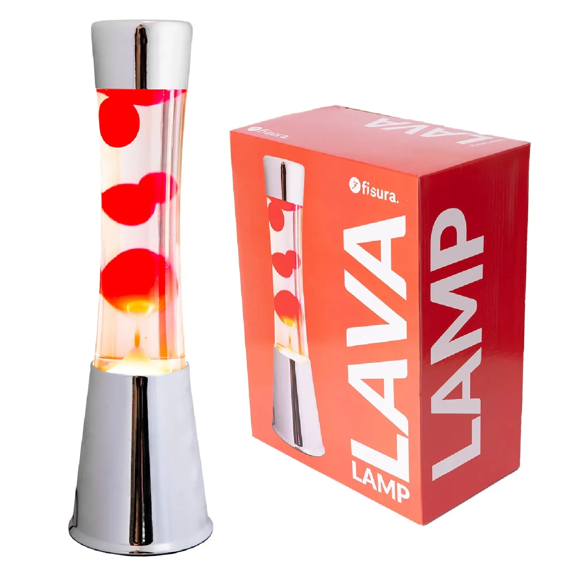 Lámpara de Lava con base cromo, líquido transparente y lava roja