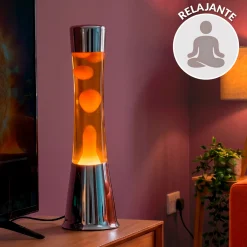 Lámpara de lava con base cromo, líquido naranja y lava naranja