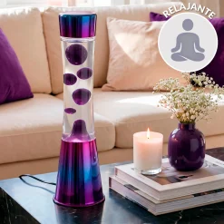 Lámpara de Lava con base iridiscente, líquido transparente y lava metálica morada