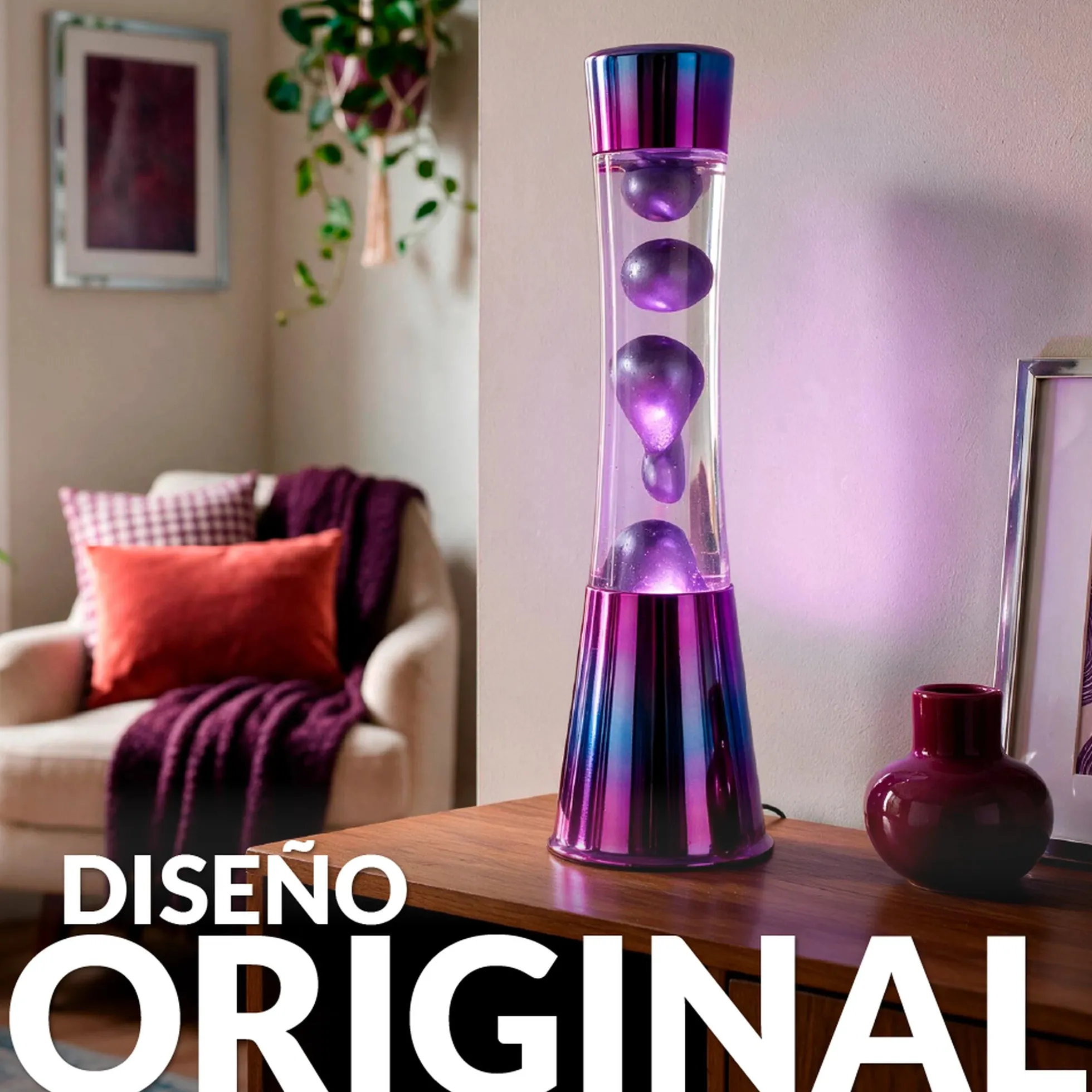 Lámpara de Lava con base iridiscente, líquido transparente y lava metálica morada