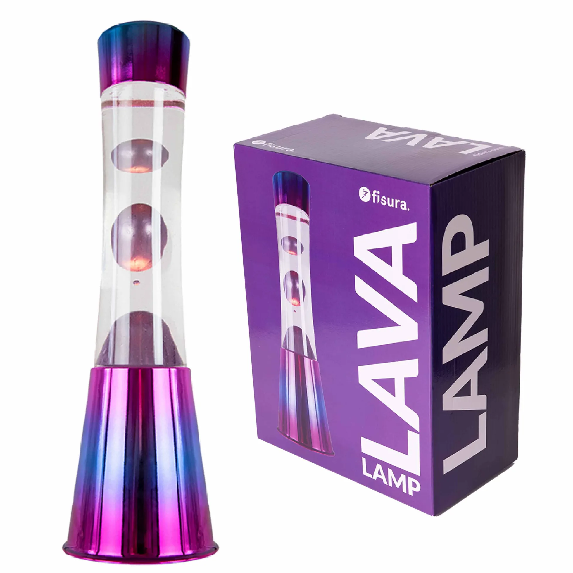 Lámpara de Lava con base iridiscente, líquido transparente y lava metálica morada