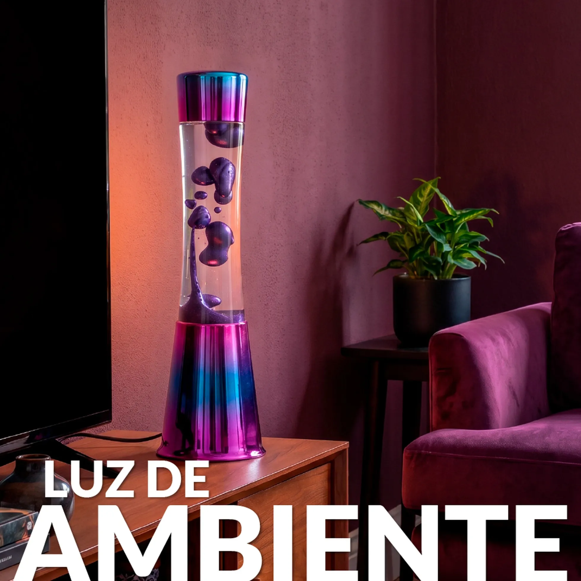 Lámpara de Lava con base iridiscente, líquido transparente y lava metálica morada