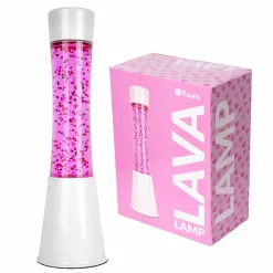 Lámpara de lava con purpurina de corazones con base blanca y líquido rosa
