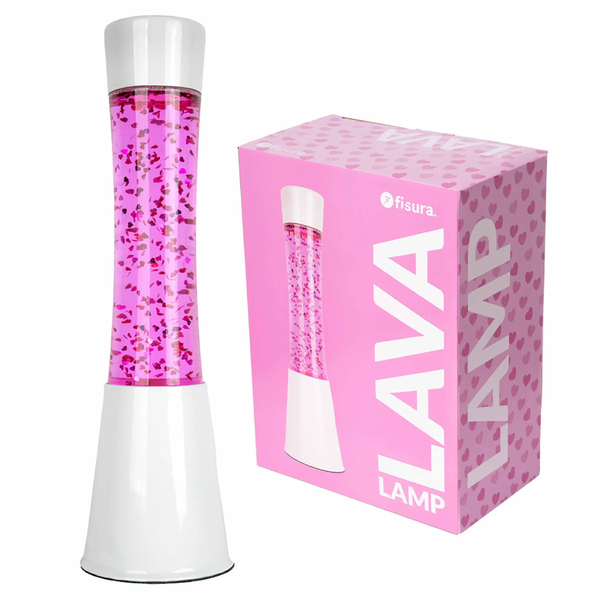 Lámpara de lava con purpurina de corazones con base blanca y líquido rosa