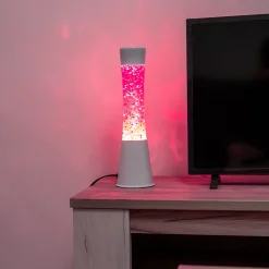 Lámpara de lava con purpurina de corazones con base blanca y líquido rosa