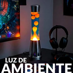 Lámpara de lava LED con base cromo, líquido azul y lava naranja