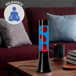 Lámpara de lava roja de 30 cm con base negra y líquido azul