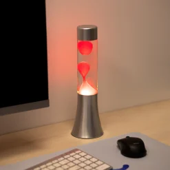 Lámpara de lava roja de 30 cm con base plateada y líquido transparente