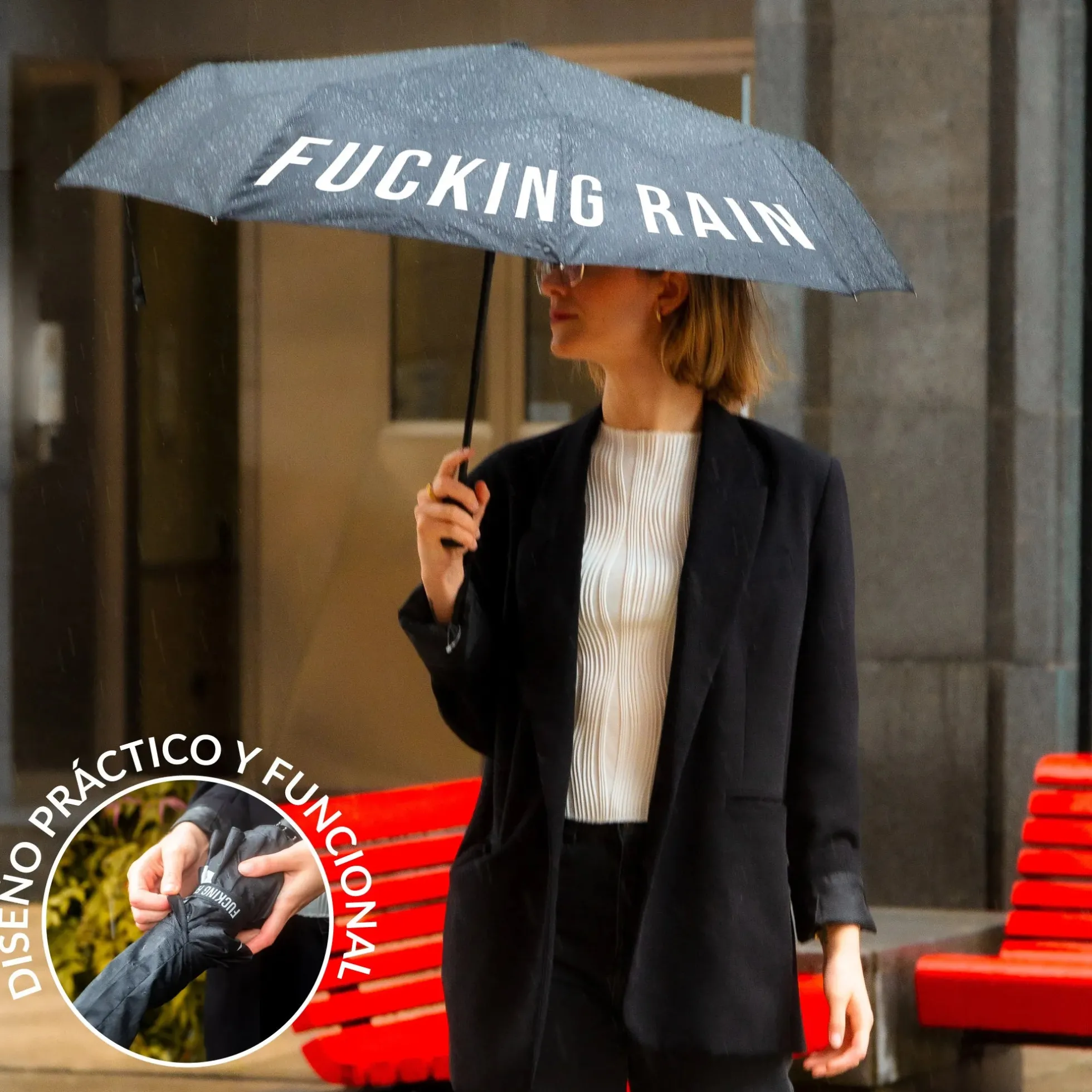 Paraguas plegable "Fucking Rain" negro