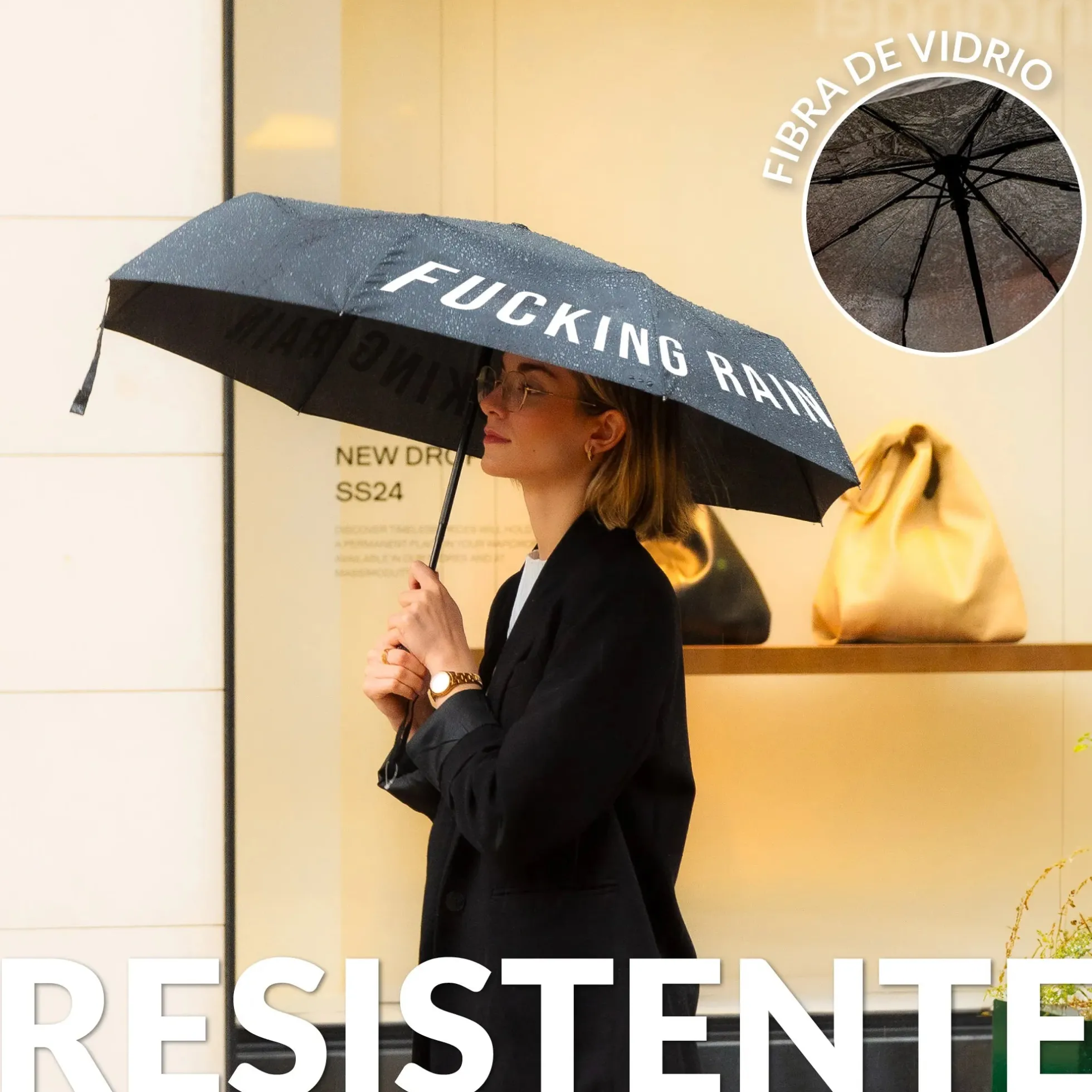 Paraguas plegable "Fucking Rain" negro