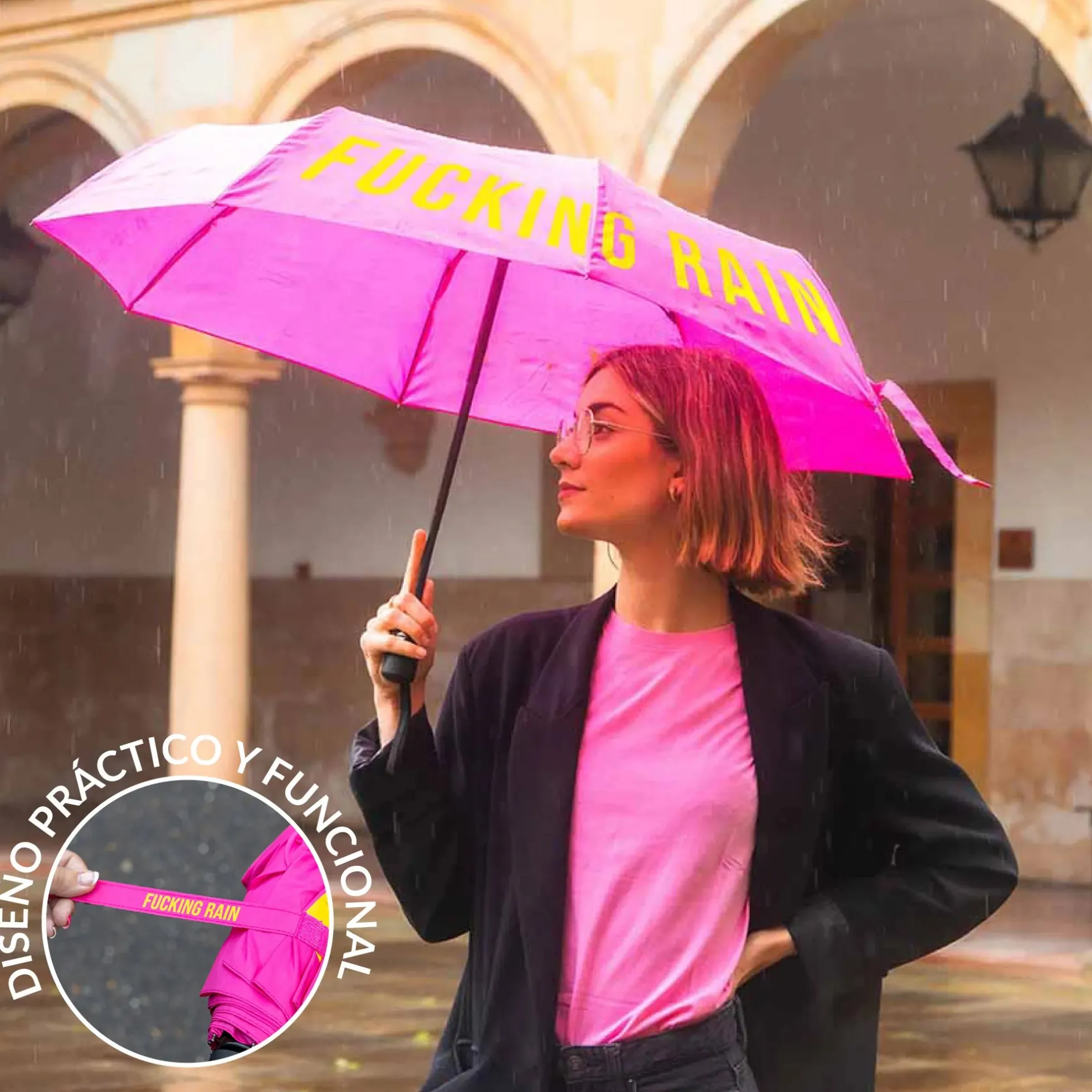 Paraguas plegable "Fucking Rain" rosa