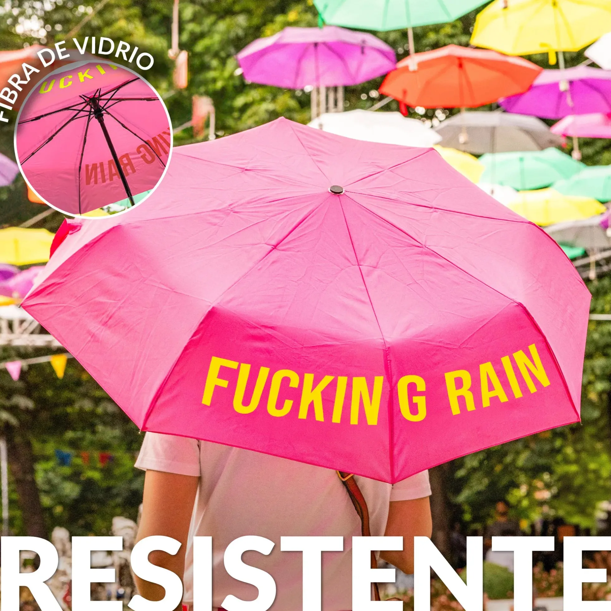 Paraguas plegable "Fucking Rain" rosa