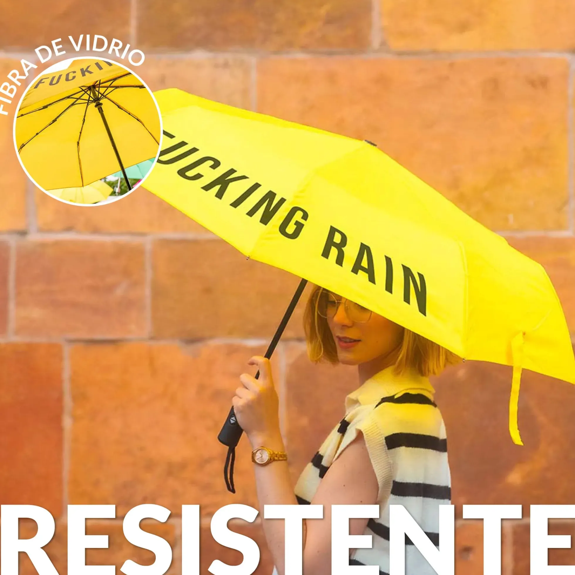 Paraguas plegable "Fucking Rain" amarillo
