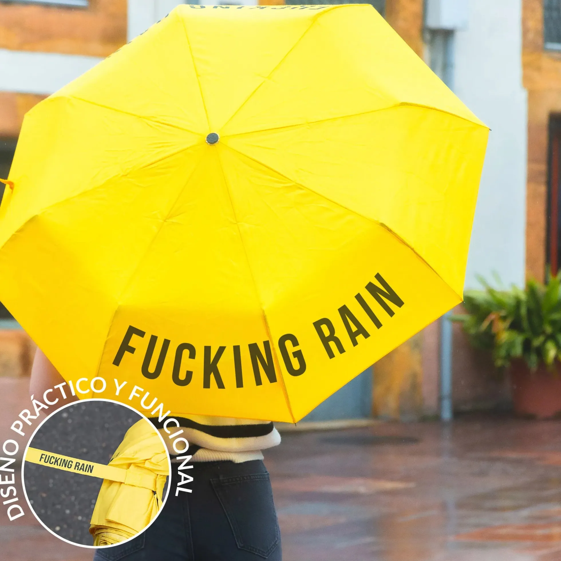 Paraguas plegable "Fucking Rain" amarillo