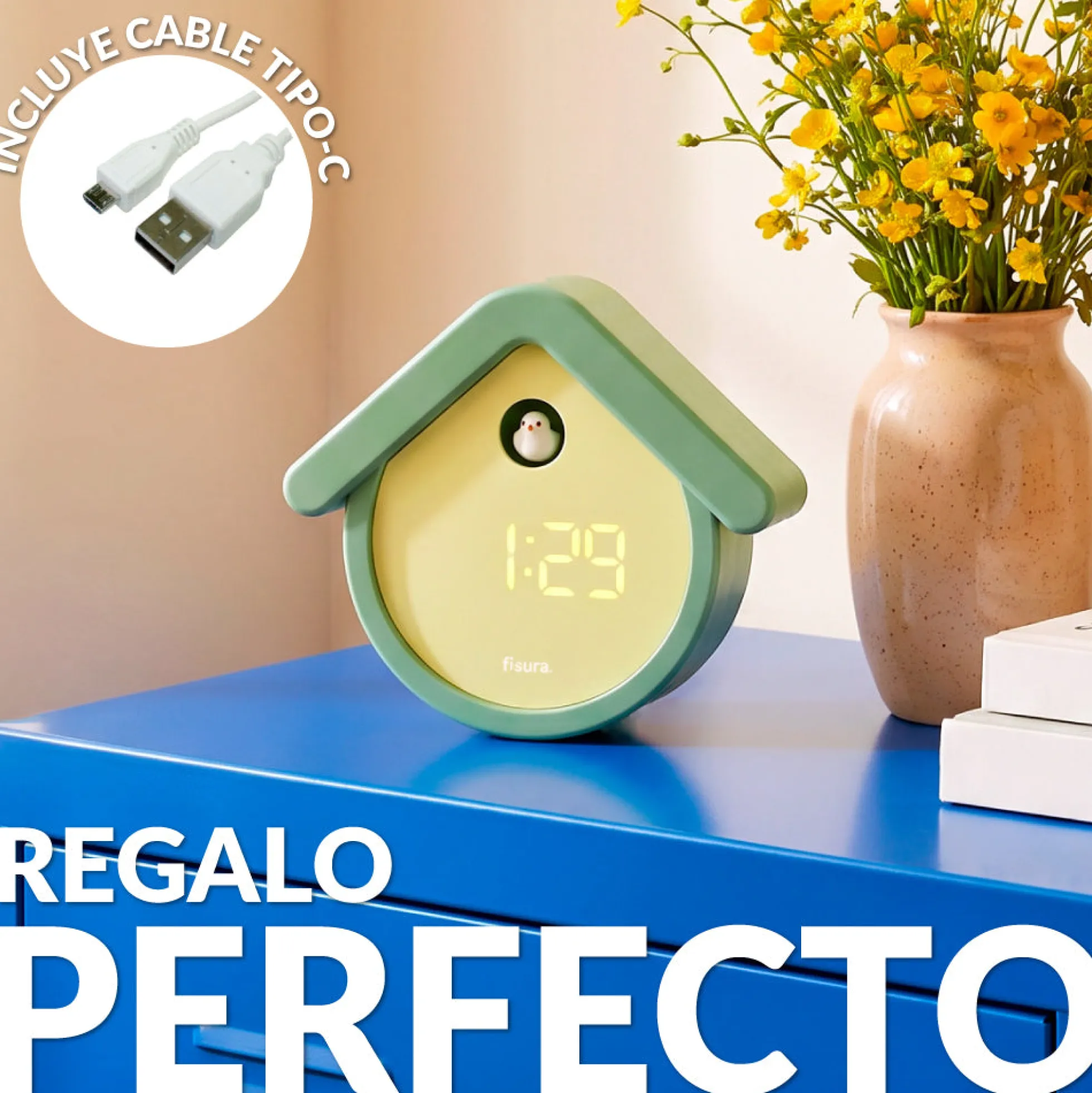 Reloj cuco digital menta y beige