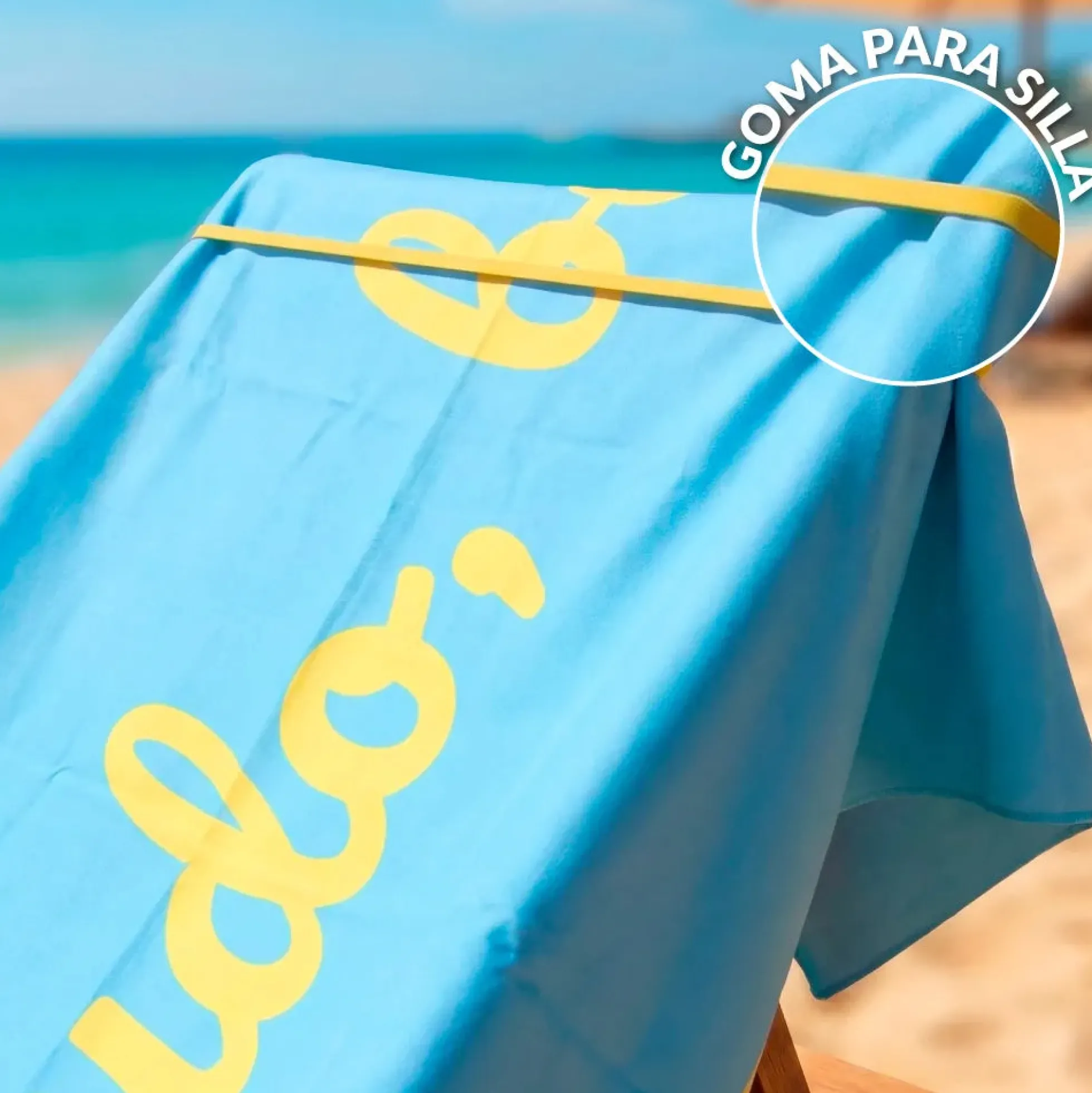 Toalla playa "yo no sudo, brillo" azul y amarillo
