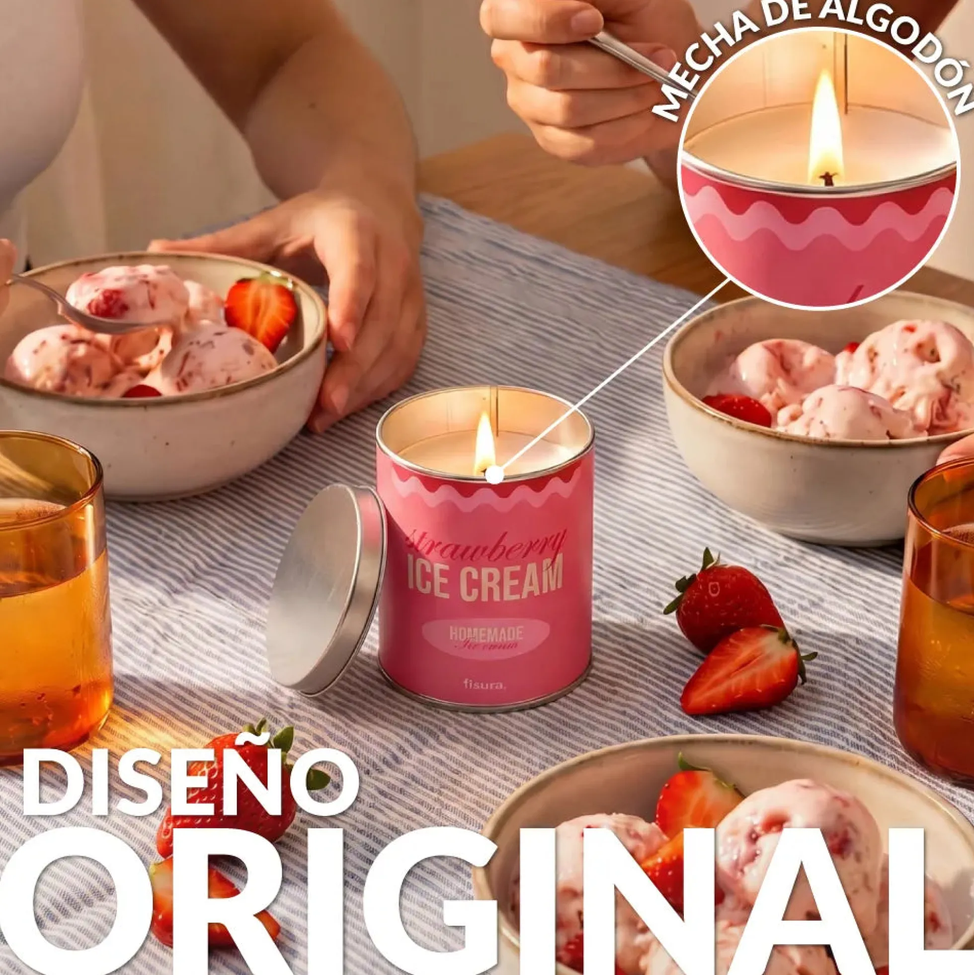 Vela en lata de metal “Strawberry ice cream” – fresas con nata